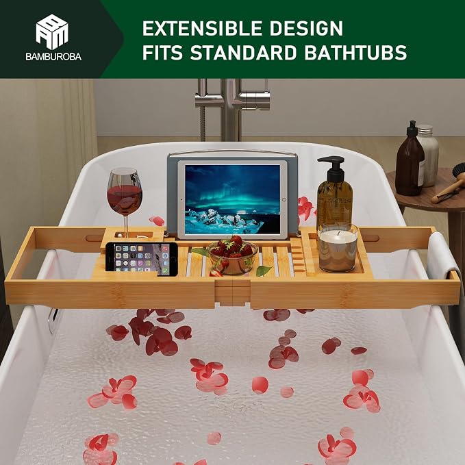 Foldable Bamboo Bathtub Caddy Tray Expandable - Image 8