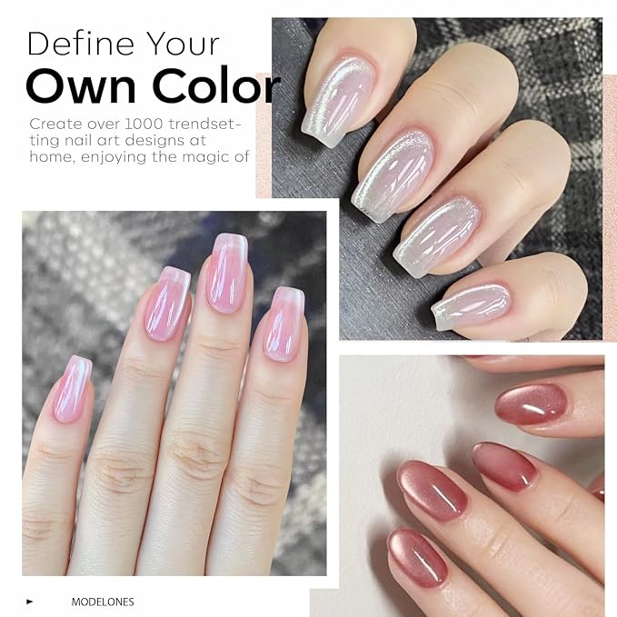 modelones Gel Nail Polish Set, 6 Colors Nude Pink Silver 9D Glassy Cat Eye - Image 3