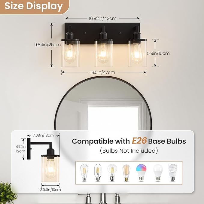 3-Light Bathroom Vanity Light Fixtures, Modern Matte Black Bathroom Lighting - Image 2