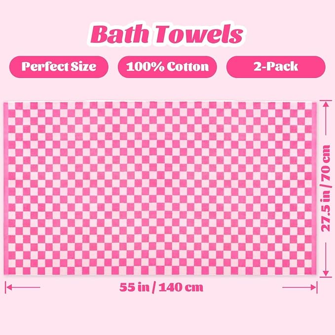 Jacquotha Hot-Pink Checkered Cotton Bath Towels Set of 2 - Image 6