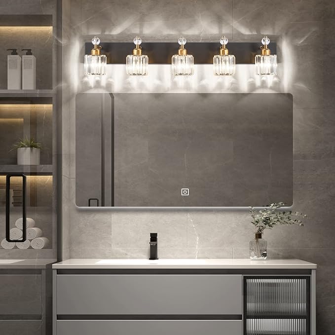 PRESDE 5-Light Crystal Bathroom Vanity Light, Modern Black and Gold Wall Sconce - Image 2