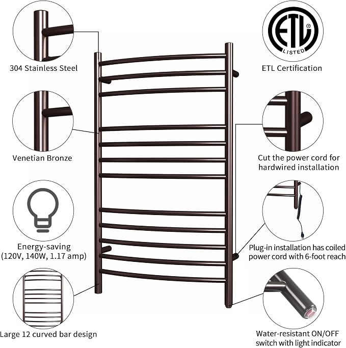 HEATGENE Towel Warmer Venetian Bronze, Electric Hot Towel Rails, Wall-Mounted - Image 2