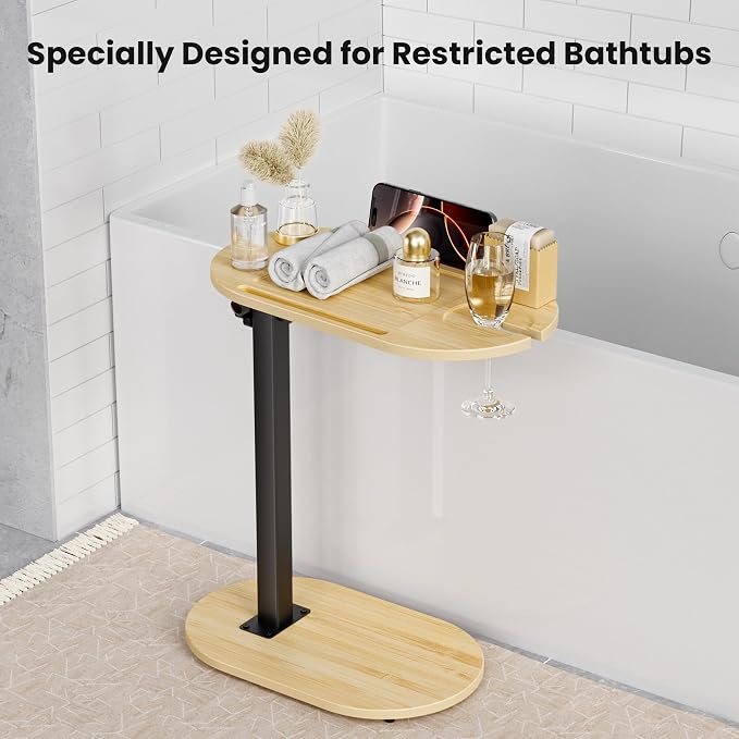 Bamboo Bathtub Table with Adjustable Height, Freestanding Bath Tray Caddy Board - Image 2