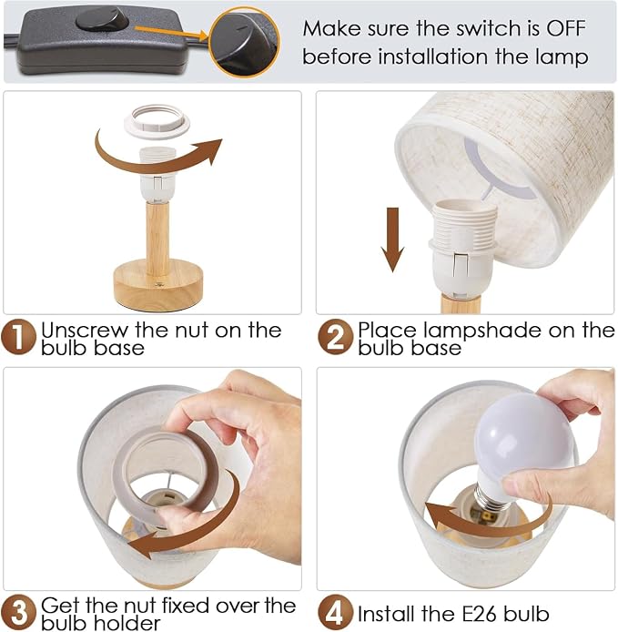 Small Bedside Table Lamps for Bedroom Set of 2, Natural Round Wood Base&Fabric - Image 7