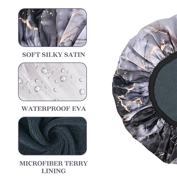 Black Marble Print Satin Shower Cap, Three-Layer Terry Cloth Lined, - Image 3