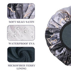 Black Marble Print Satin Shower Cap, Three-Layer Terry Cloth Lined, - Image 3