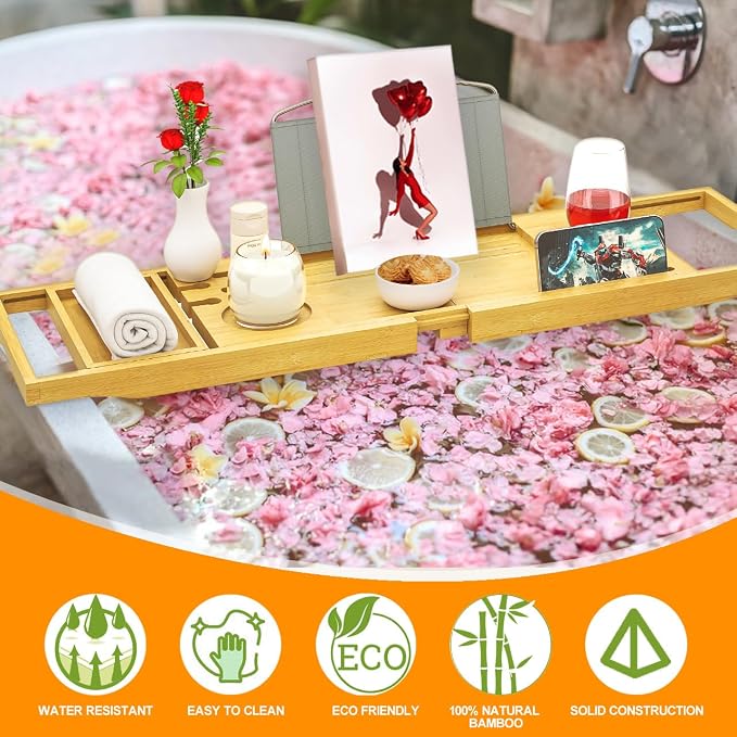 Banlilu Premium Natural Bamboo Expandable Bathtub Tray Caddy, Luxury Spa-Like - Image 3
