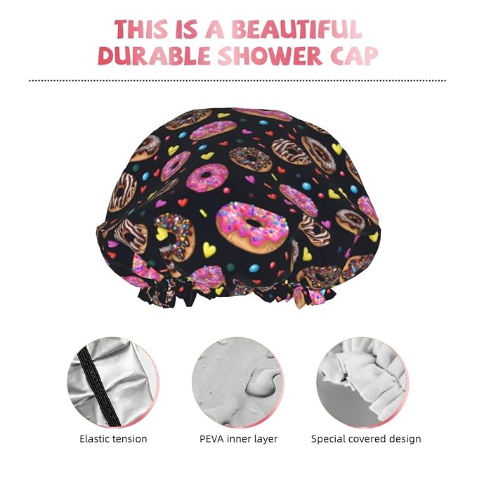Doughnut Donuts Shower Cap For Women Reusable Waterproof Double Layers Bath Cap - Image 4