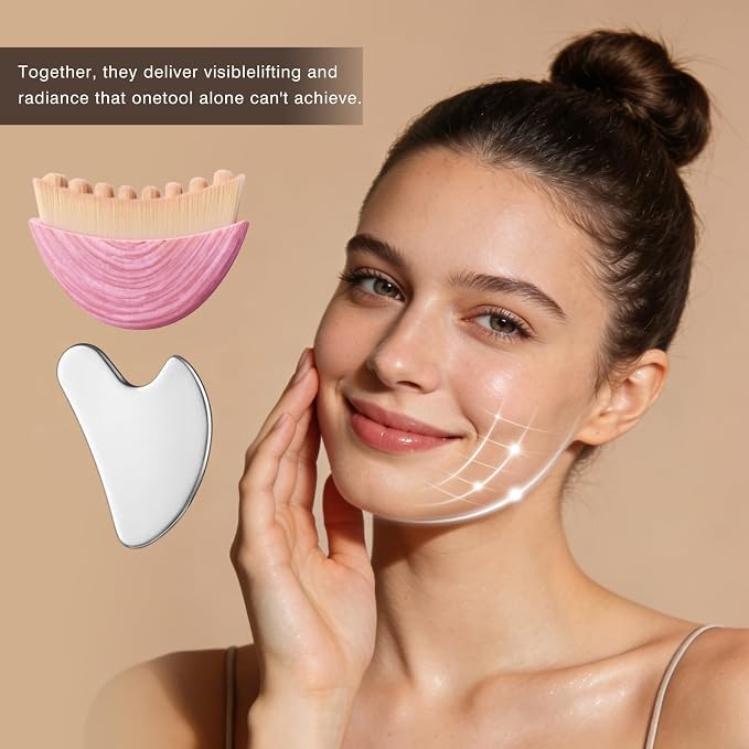 Lymphatic Contour Face Brush & Stainless Steel Gua Sha Tool Set – 2-in-1 Facial - Image 2