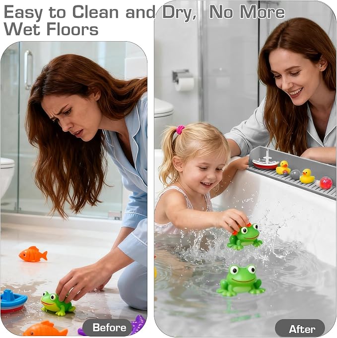 31.5" Bathtub Splash Guard for Kids & Toddlers- Silicone Play Shelf & Toy - Image 5