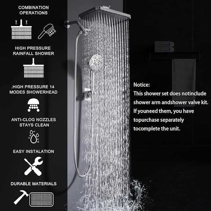 Tandem Shower Head with Filters-14'' Rainfall ShowerHead, Filtered Power Wash - Image 8