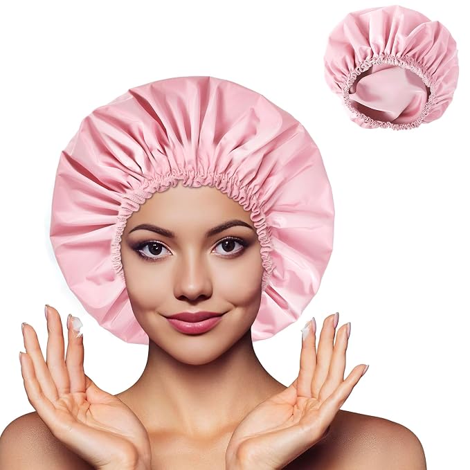 Shower Cap for Women, Double Layer Waterproof Bath Cap, Reusable Hair Protector - Image 2