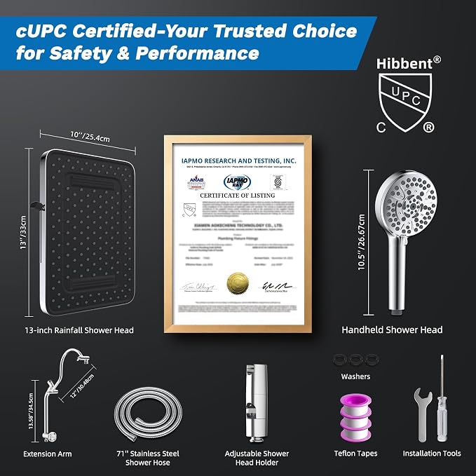 Hibbent cUPC Certified 13'' Shower Head Combo, High Pressure 5 Spray Rainfall - Image 9
