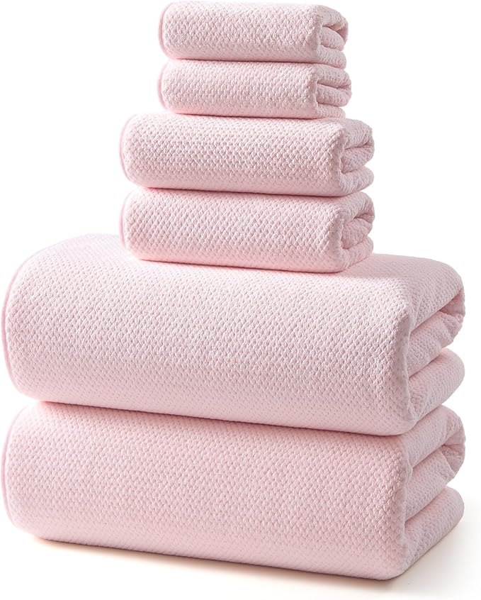 REDKISS 6 Piece Pink Towel Set, Extra Large Microfiber Bathroom Towels Set by REDKISSOnline
