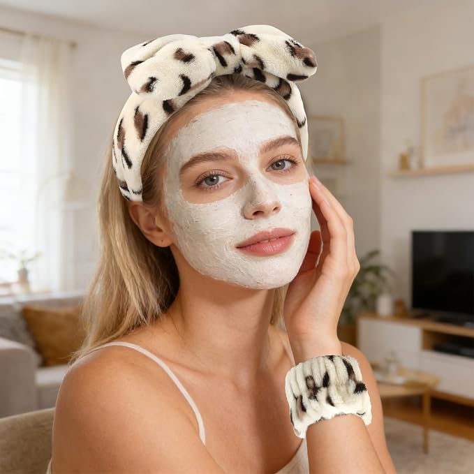 Beige Leopard Spa Headband and Wristband Set, Soft Elastic Face Washing - Image 4