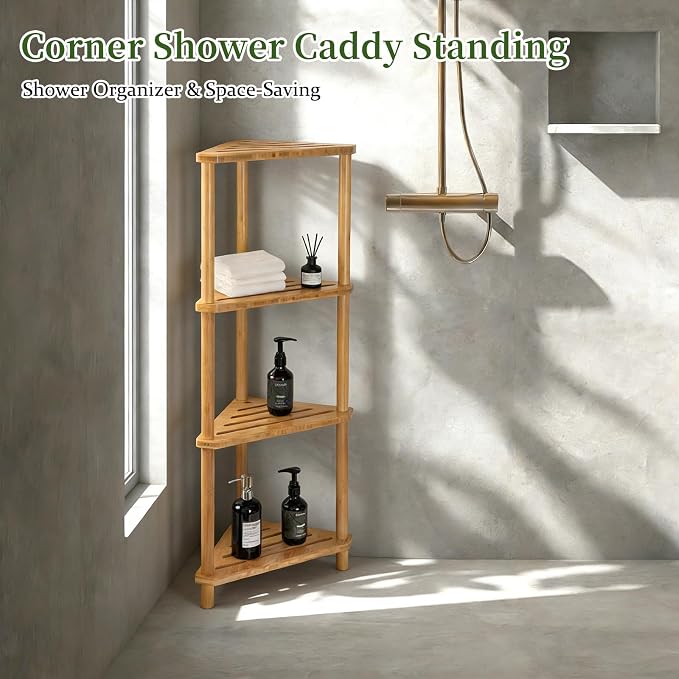 GUGIGP 4-Tier Corner Shower Caddy Stand Bamboo, Standing Corner Shower Shelf - Image 6