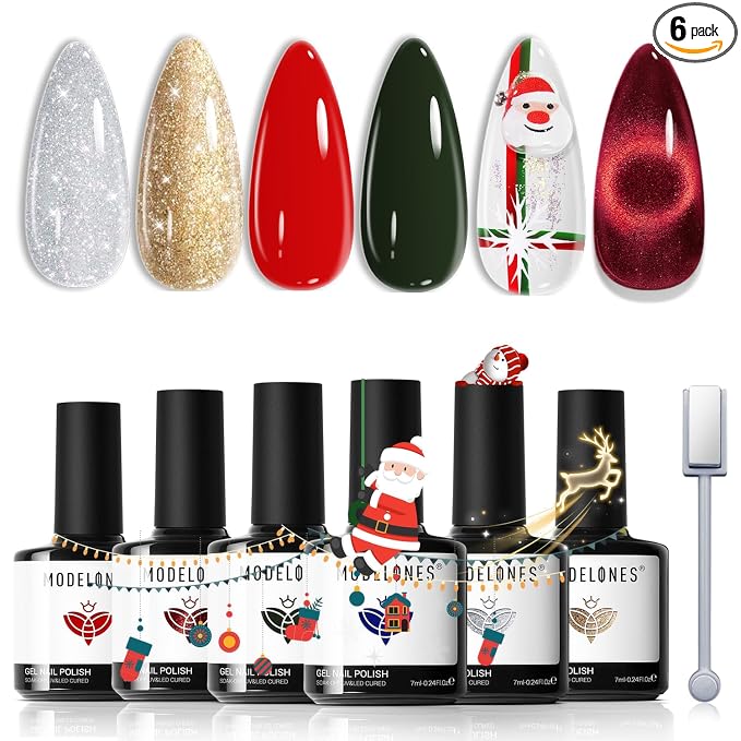 modelones Christmas Gel Nail Polish Set, Winter Cat Eye Red Dark Green Blue by MODELONES