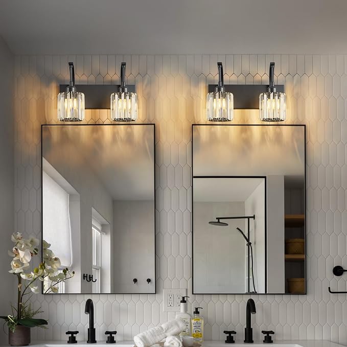 Bathroom Crystal Vanity Lights 2-Light Black Wall Lamp Modern Crystal Bathroom - Image 7