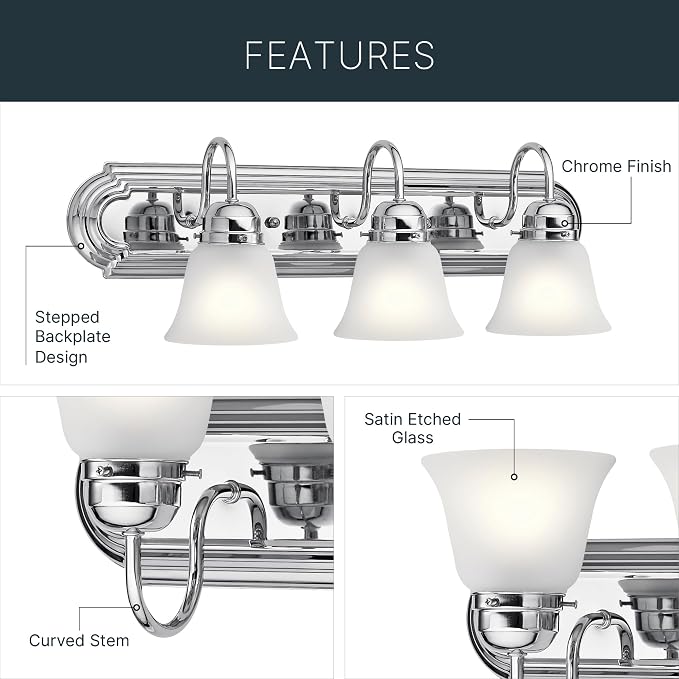 Kichler 24" 3-Light Vanity Bath Light in Chrome, Modern Bathroom Light - Image 6