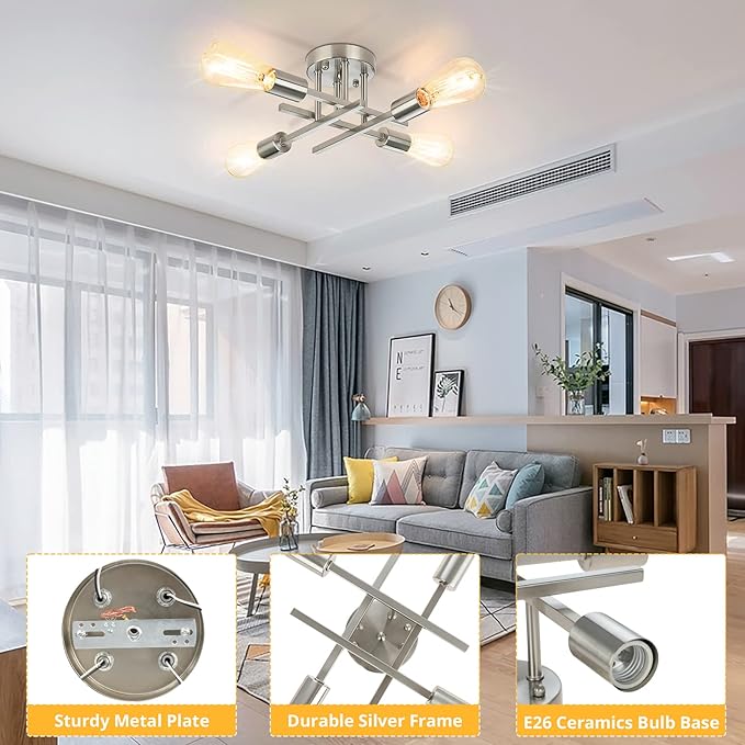 SunRider Industrial 4-Light Semi Flush Mount Ceiling Light Fixture, Brushed - Image 9