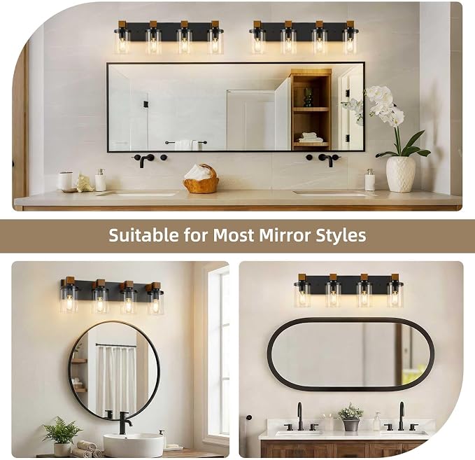 4-Light Farmhouse Bathroom Light Fixtures, Wood Matte Black Vanity Lights Over - Image 6