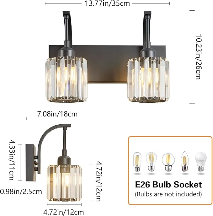 Bathroom Crystal Vanity Lights 2-Light Black Wall Lamp Modern Crystal Bathroom - Image 5