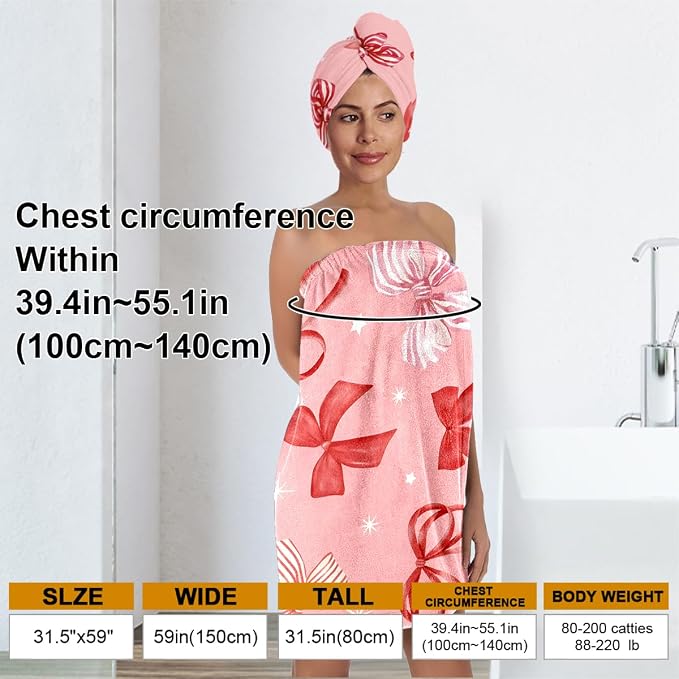 Pink Bow Bath Wrap and Hair Drying Cap Set – Soft Quick Dry Shower Skirt - Image 3