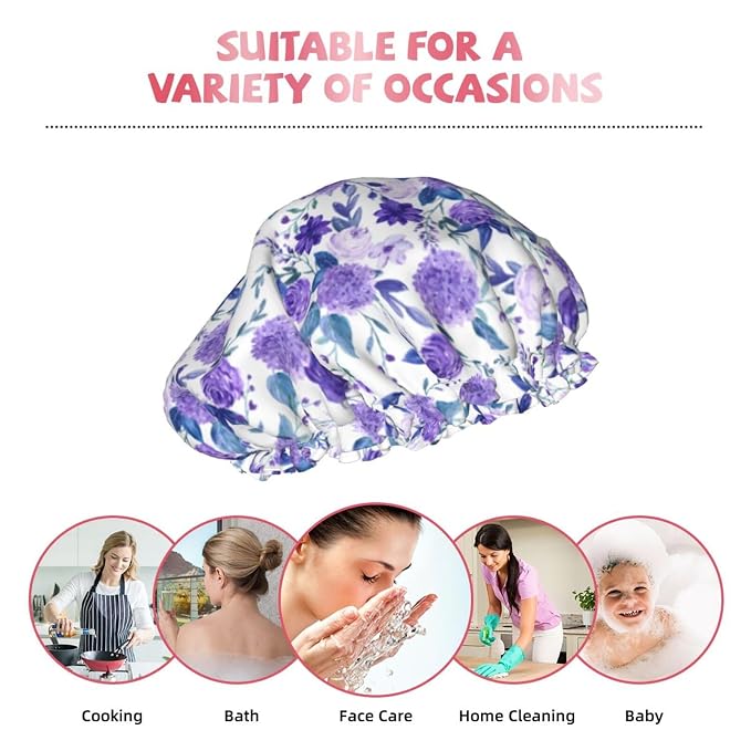 Violet Purple Rose Shower Cap For Women Adjustable Double Waterproof Layers - Image 9