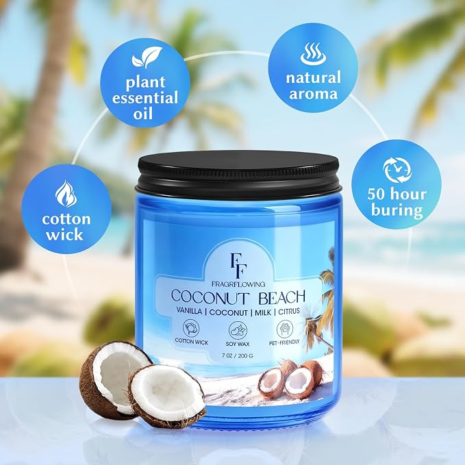 Coconut Beach Scented Candle, Natural Soy Wax Jar Candle - Image 3