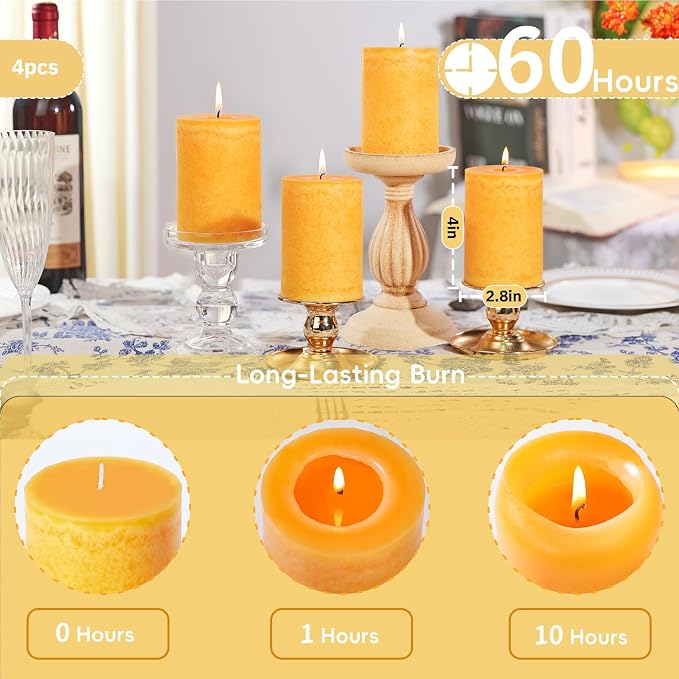 Orange Lemongrass Scented Pillar Candles 4 Pack, 60 Hours Long Lasting Burn - Image 9