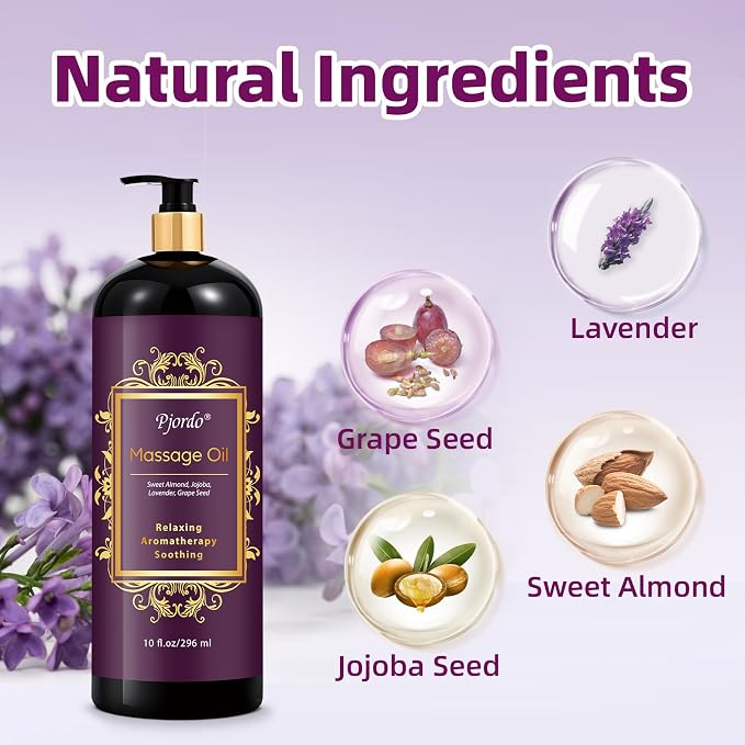 Pjordo Aromatherapy Lavender Massage Oil, 10 fl oz Relaxing Massage Oil - Image 2