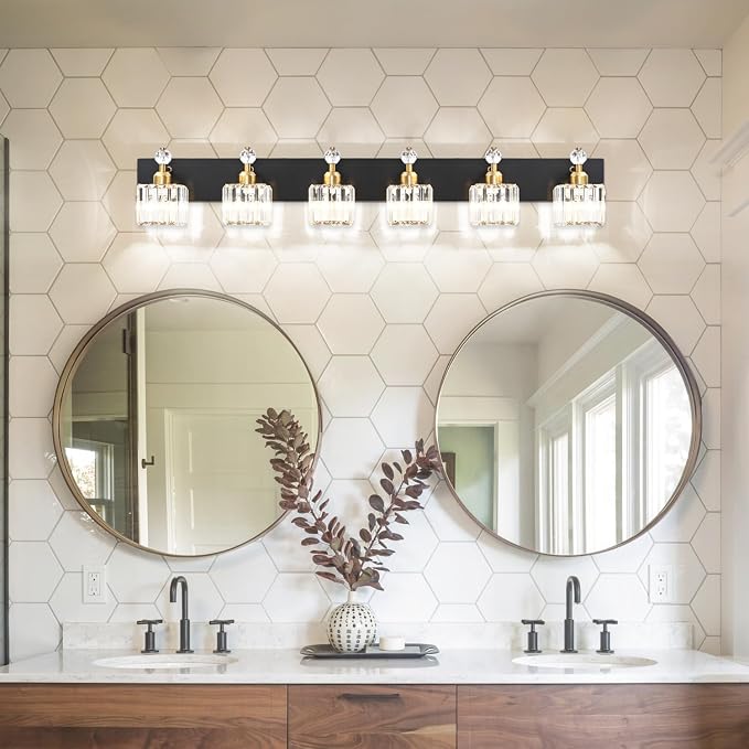 PRESDE 6-Light Crystal Bathroom Lights Fixtures Modern Black and Gold Wall Lamp - Image 2