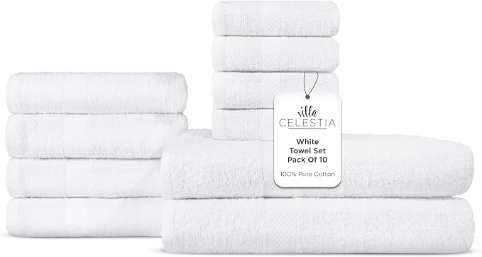 100% Combed Cotton Bathroom Towel Set of 10-2 Bath Towels, 4 Hand Towels by VillaCelestia