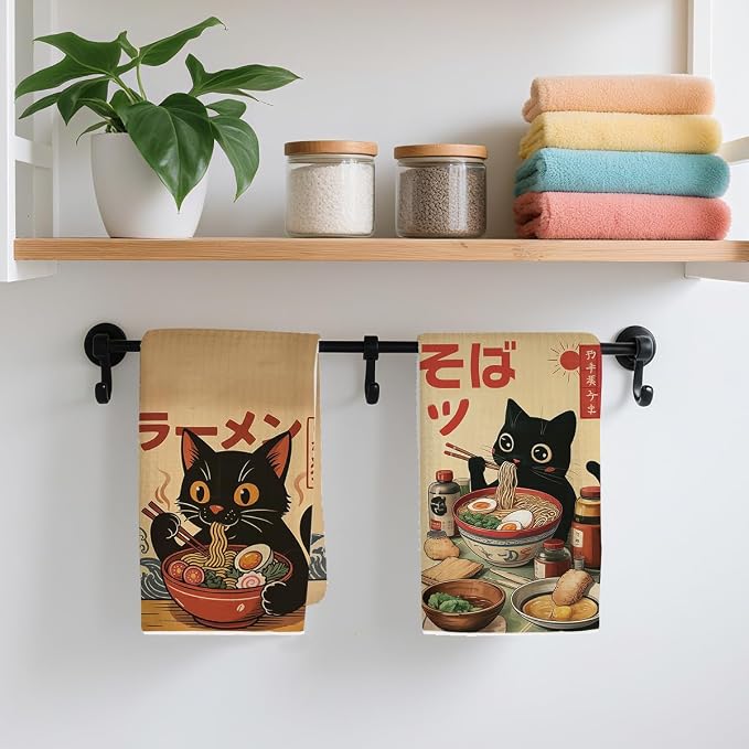 2PCS Vintage Japanese Cat Kitchen Towels, Quirky Ramen Cat Reusable Absorbent - Image 4