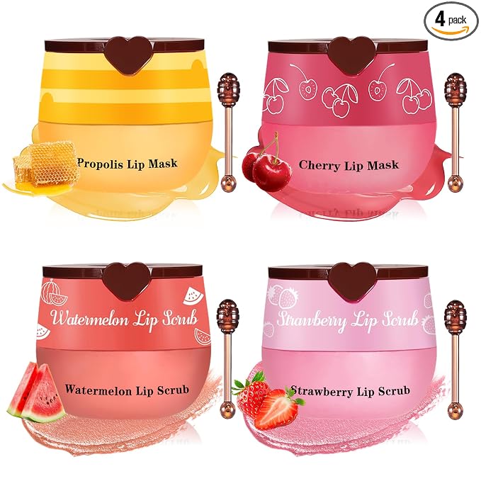 4PCS Lip Scrub and Mask Set, Cherry and Honey Pot Lip Balm, Strawberry and by UAOE