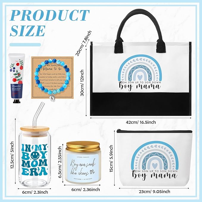 7 Sets Boy Mother Gifts for New Mom Gifts Tote Bag Makeup Bag Candle Bracelet - Image 2