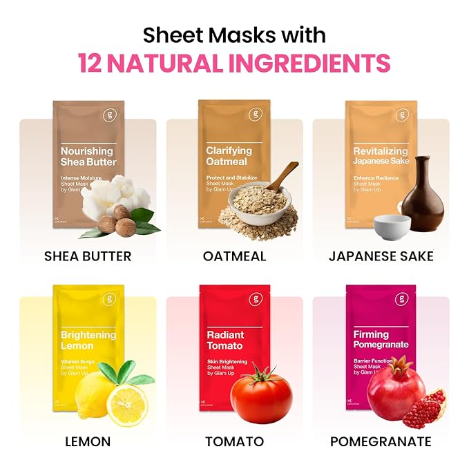 GLAM UP Korean Facial Sheet Mask 12 Combo Pack | Hydrating & Moisturizing Face - Image 5