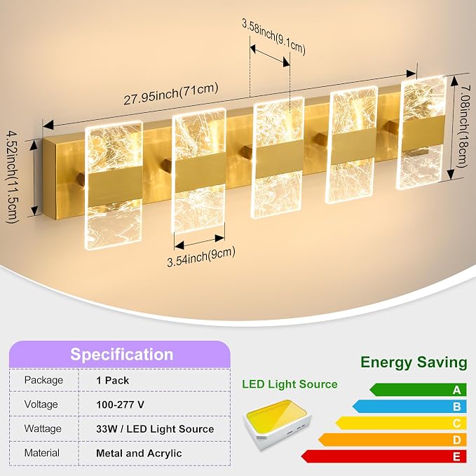 Modern LED Bathroom Light Fixtures Dimmable 5-Light Gold Vanity Light, 5CCT - Image 5