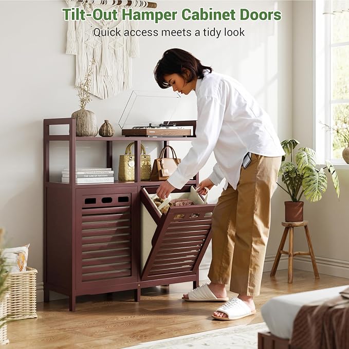 Homykic Tilt Out Laundry Hamper Cabinet, Bamboo Double Laundry Hamper - Image 4