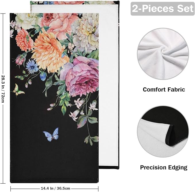 Peony Floral Black Hand Towels for Bathroom Set of 2, Vintage Blooming Flower - Image 2