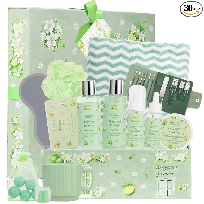 30 Pcs Spa Gifts for Women & Men, Bergamot Jasmine Bath & Body Gift Basket by SaintRoy