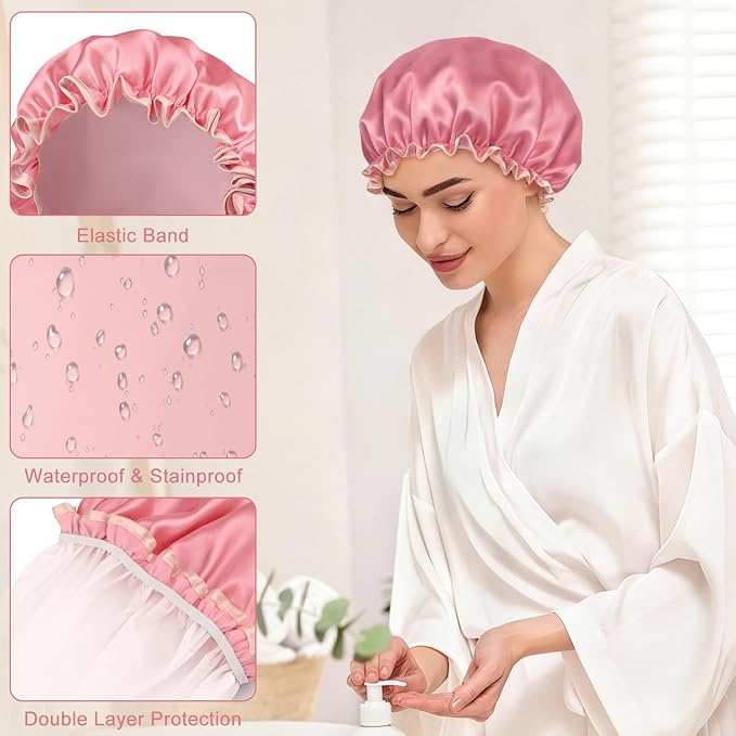Waterproof Shower Caps for Women, Solid Color Dual-Layer Elastic Band Design - Image 3