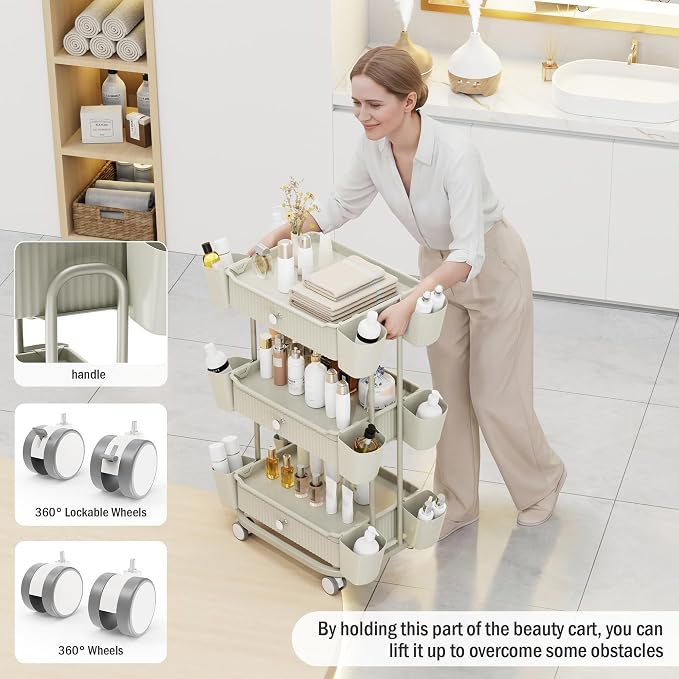 3 Tier Drawer Beauty Cart with 12 Movable Storage Organizer, Thickened ABS & - Image 4