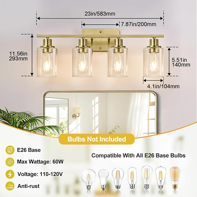 Indoi 4 Light Bathroom Light Fixtures, Brass Vanity Lights - Image 8
