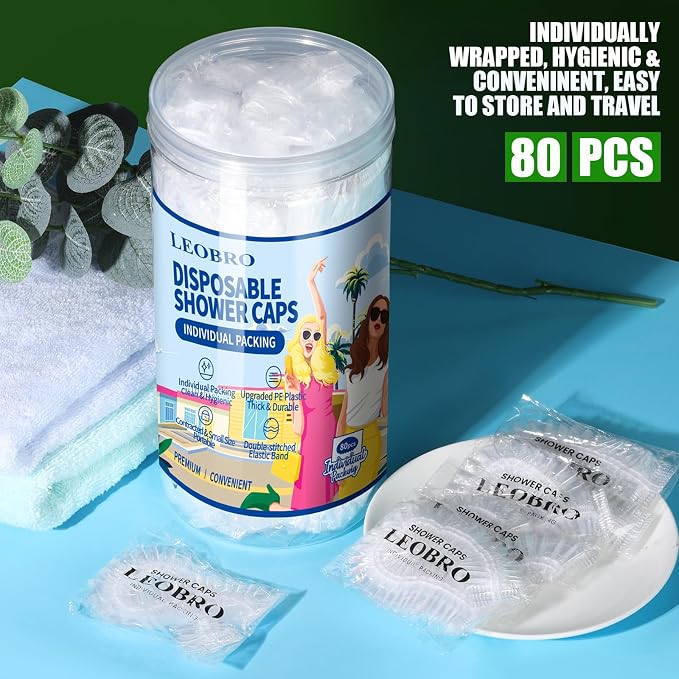 LEOBRO Individually Wrapped Disposable Shower Caps, Plastic Hair Caps - Image 2