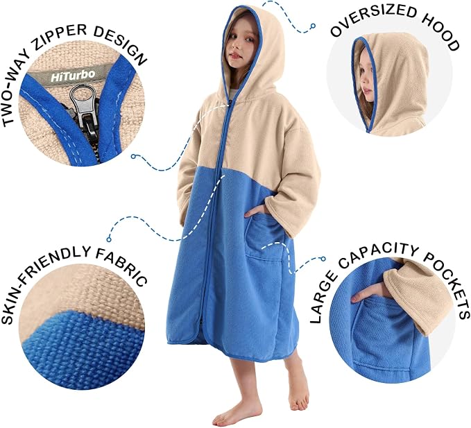 Hiturbo Kids Bath Towel Hoodie: Zipper Surf Poncho Long Sleeve Quick Dry - Image 4