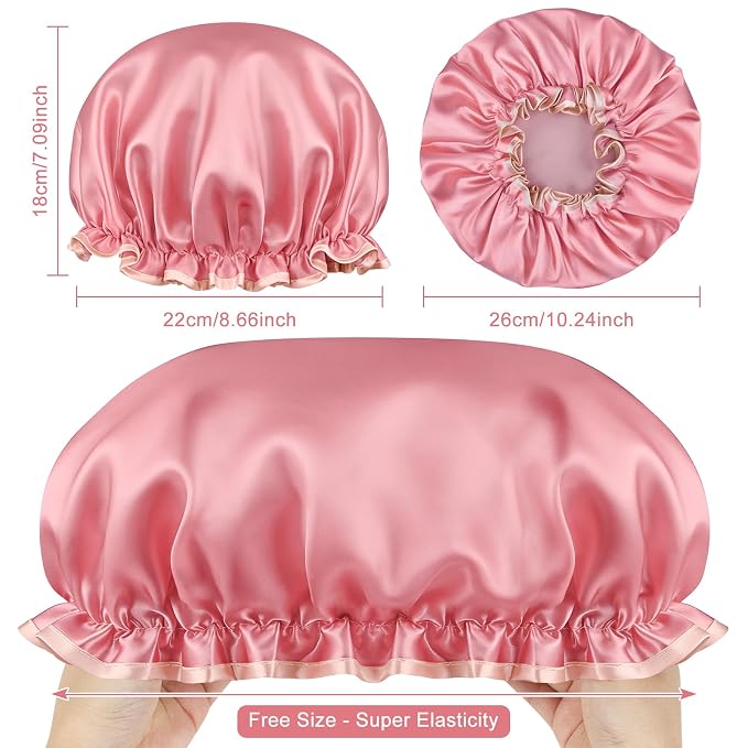Waterproof Shower Caps for Women, Solid Color Dual-Layer Elastic Band Design - Image 2
