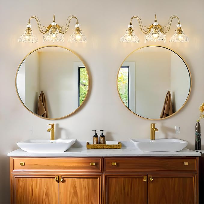 Vintage Bathroom Vanity Light, 3-Light Brushed Gold Finish Wall Sconce - Image 9