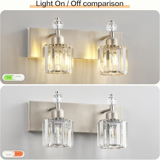 PRESDE 2-Light Crystal Bathroom Vanity Light, Brushed Nickel Modern Bath - Image 4