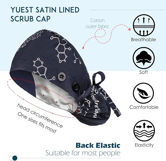 Satin Lined Scrub Caps with Buttons & Sweathand, Surgical Caps - Image 2